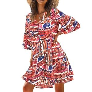 Amoretu Women’s Summer V Neck 3/4 Bell Sleeve ShifT Dress - Size: Large